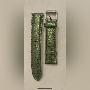 Michele 18mm watch bands in olive and matte gold snake print.